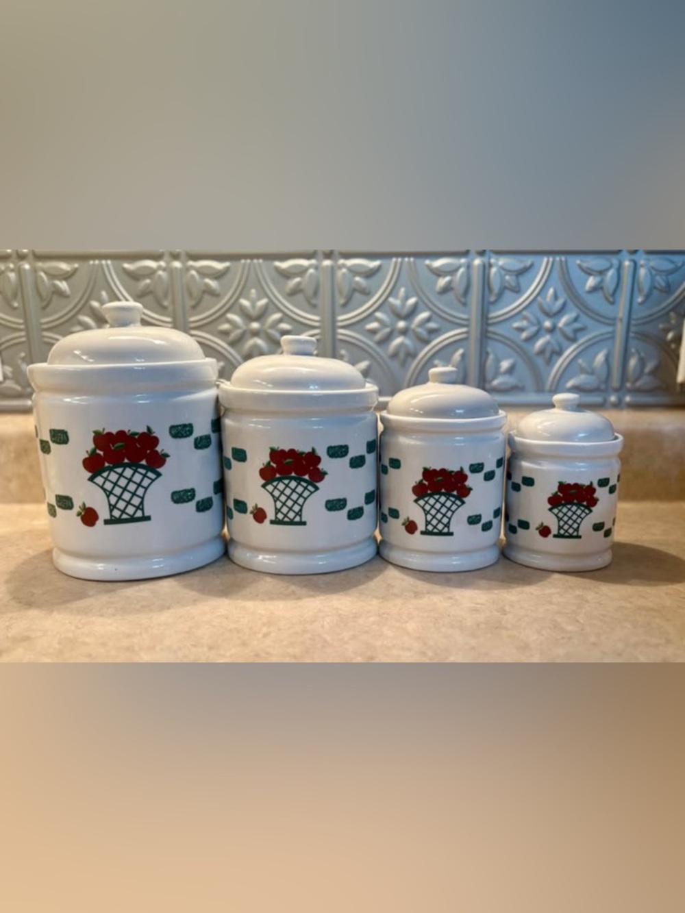 Vintage White Ceramic Canister Set with Red Apple Basket Motif
